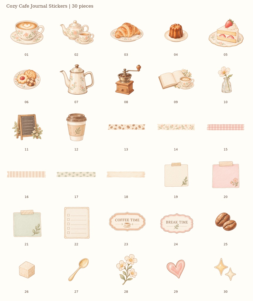 Cozy Café Journal Stickers｜やさしい喫茶店の手帖ステッカー30点