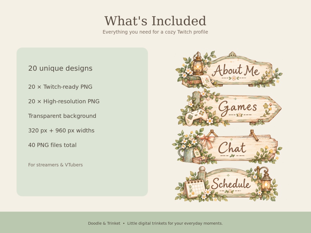 【Twitchパネル20点セット】Cozy Botanical Room|木製ガーデンサイン風・水彩配信素材