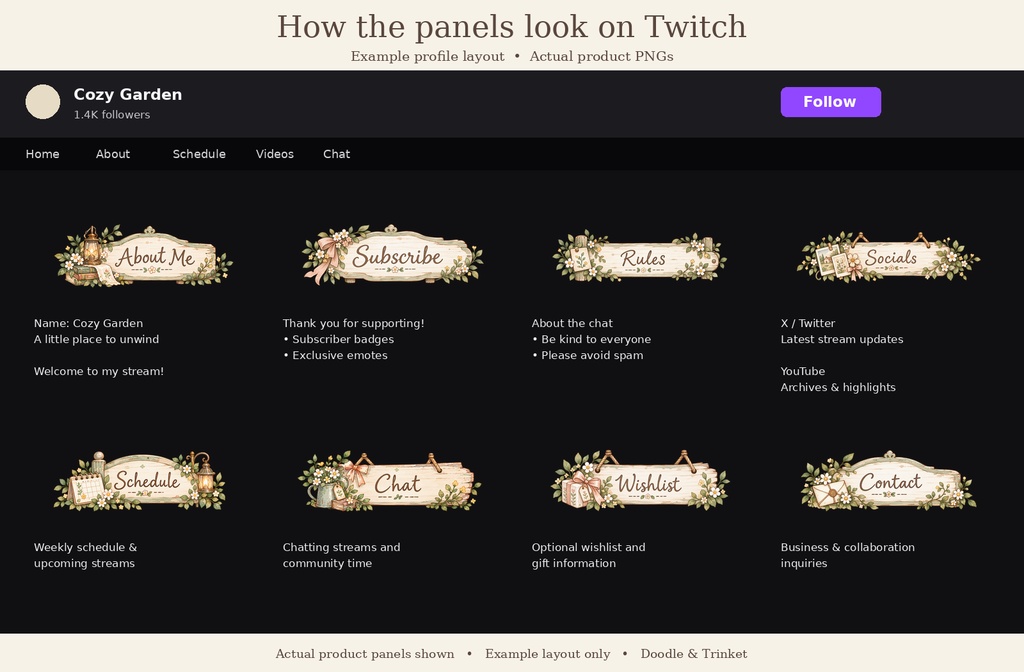 【Twitchパネル20点セット】Cozy Botanical Room|木製ガーデンサイン風・水彩配信素材