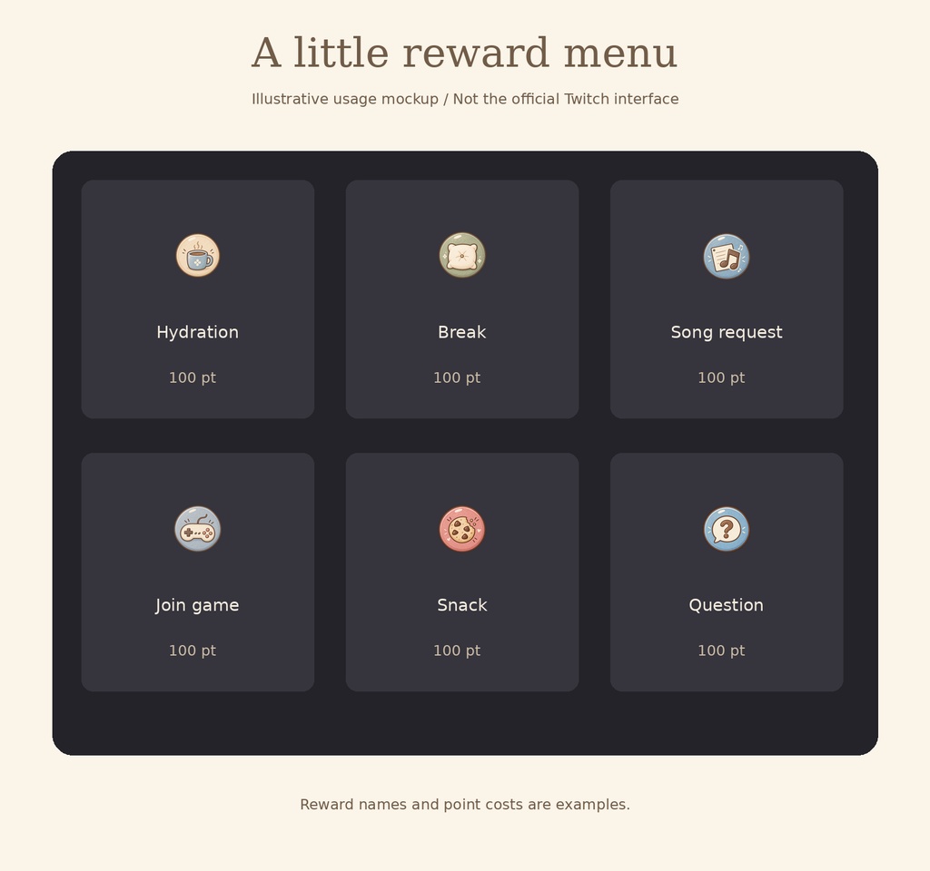 Twitchチャンネルポイント用アイコン28種|Cozy Little Buttons【透過PNG・配信素材】
