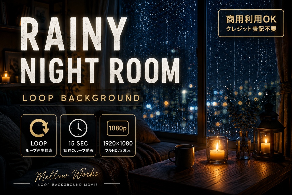 【ループ背景動画】雨の夜の部屋｜Rainy Night Room Vol.01【商用利用OK】