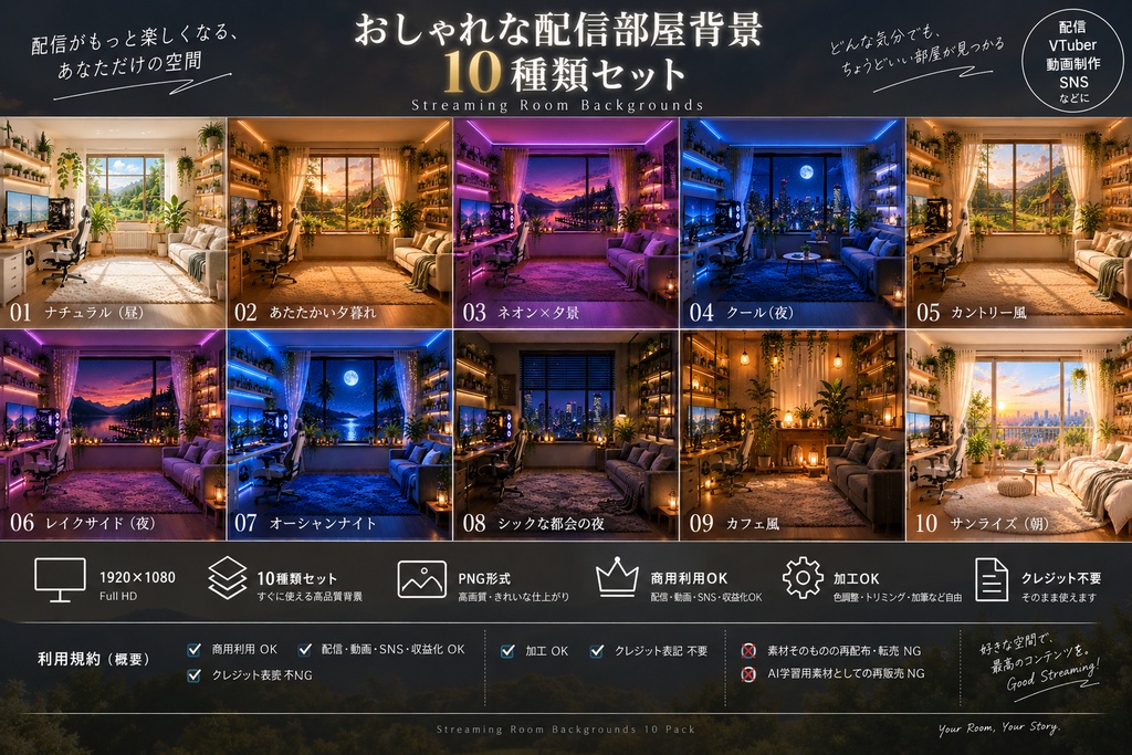 【VTuber・配信背景】おしゃれな配信部屋10種類セット Vol.01｜1920×1080 PNG・商用利用OK