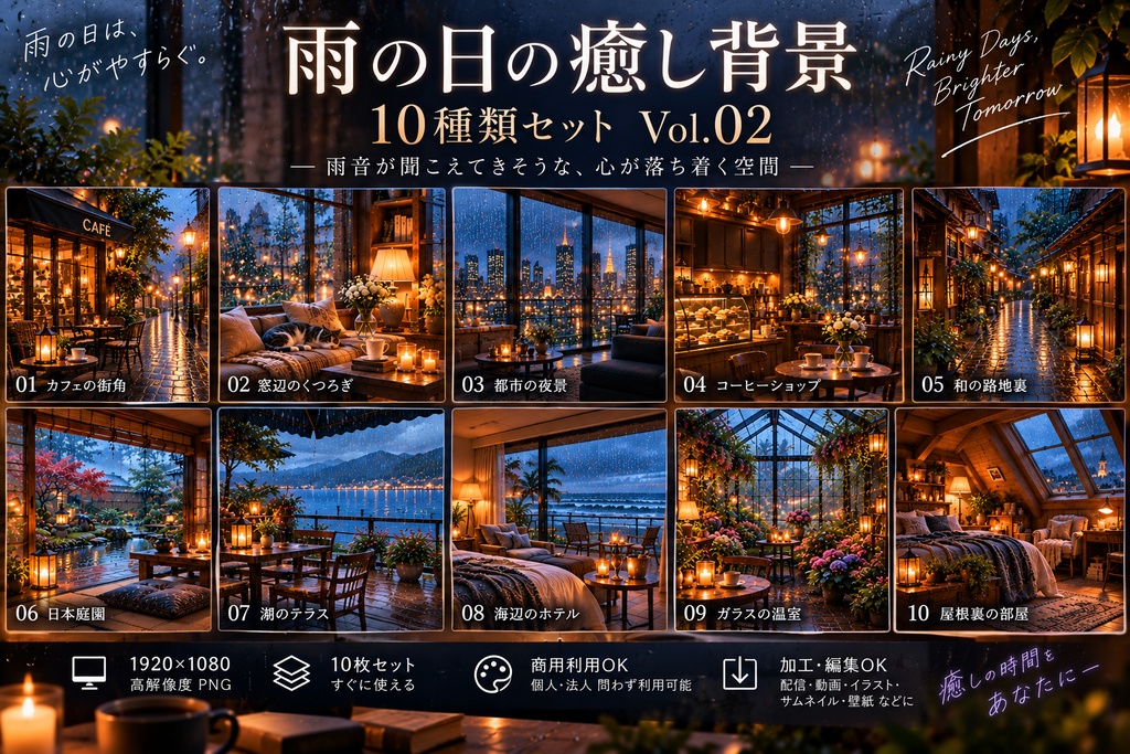 【VTuber・配信背景】雨の日の癒し背景10種類セット Vol.02｜1920×1080 PNG・商用利用OK