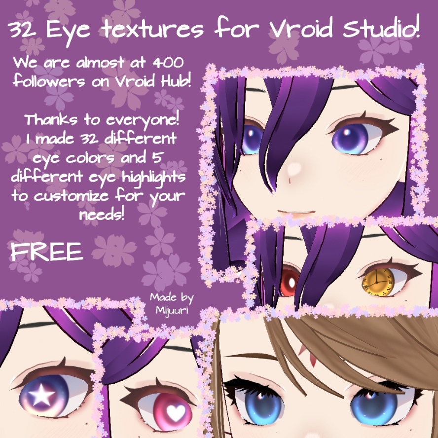 32 Eye textures for Vroid Studio! + 5 Different highlights FREE