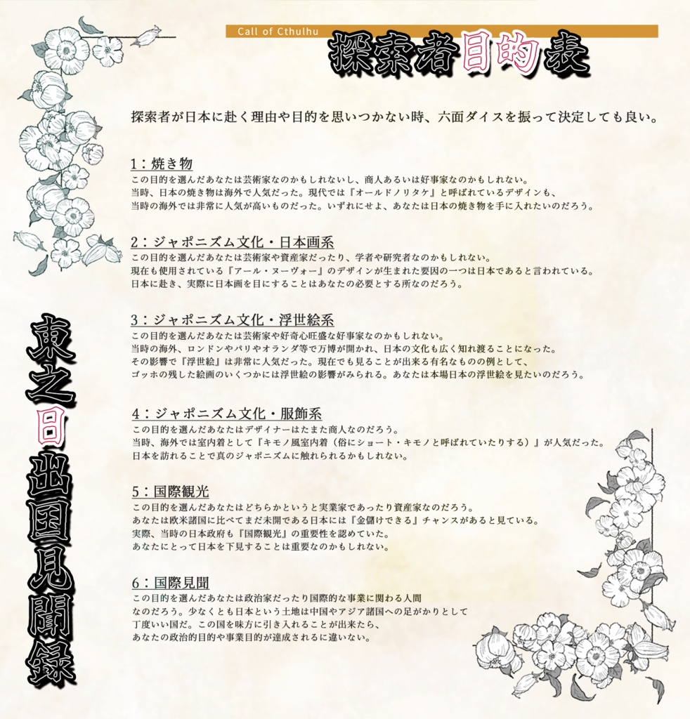 【大正CoC】東之日出国見聞録(6版/7版対応)