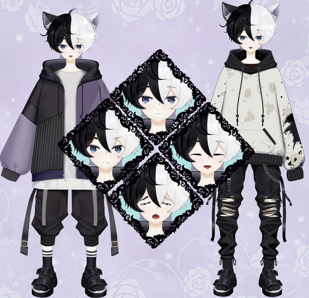 立ち絵_イラスト_猫耳_男の子_ケモ耳_衣装2種_表情差分付き_