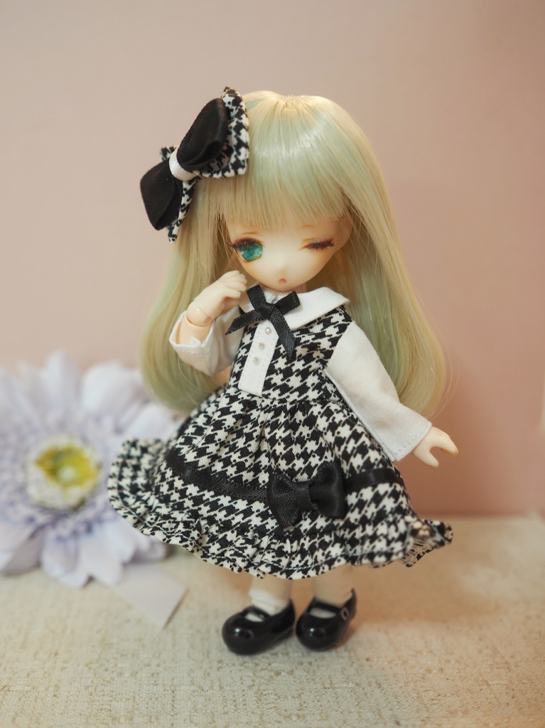 オビツ11用ハウンドトゥースワンピースセット(ホワイト)