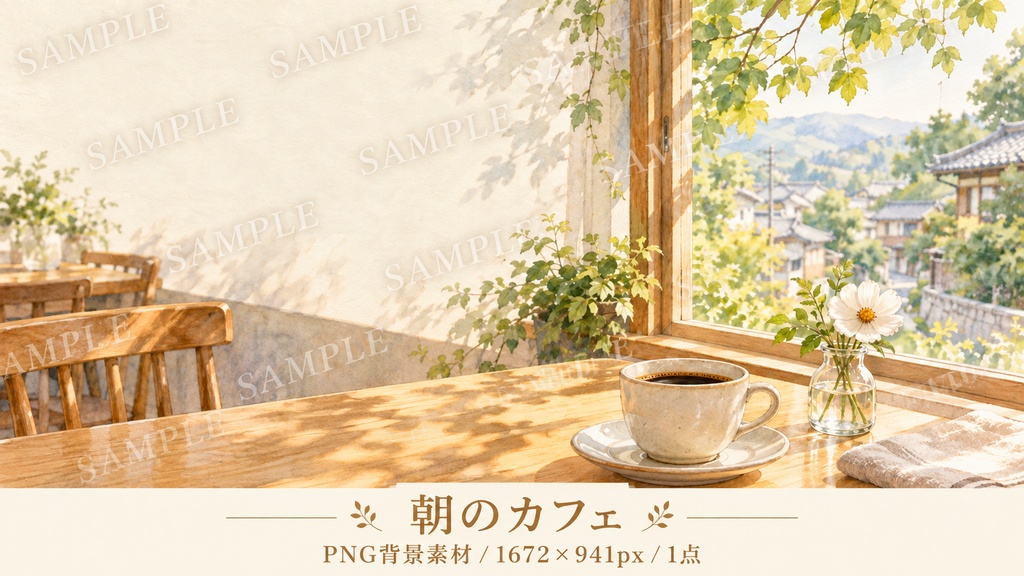 朝のカフェ 水彩背景素材|ブログ・お知らせ・動画に