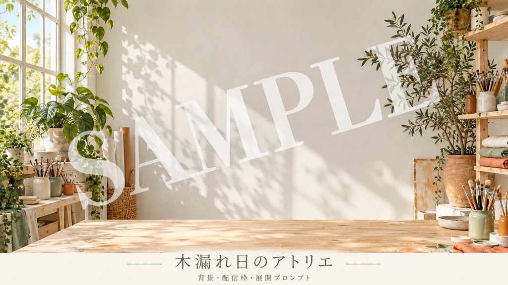 木漏れ日のアトリエ|背景・制作配信枠・展開プロンプト|100/300/500円