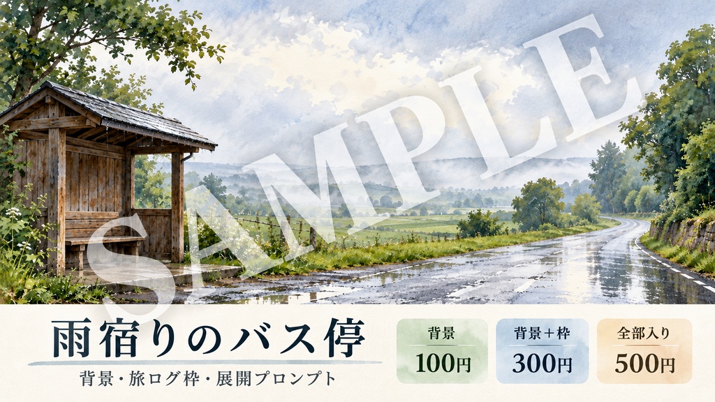 雨宿りのバス停｜背景・旅ログ枠・展開プロンプト｜100/300/500円