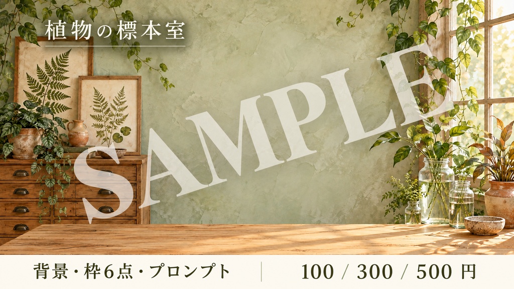 植物の標本室｜背景・全景と葉の接写と観察メモ枠・展開プロンプト｜100/300/500円