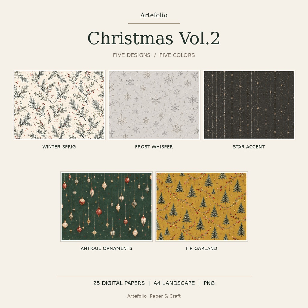 Christmas Vol\.2｜北欧風クリスマス デザインペーパー25枚セット｜A4横・デジタル素材