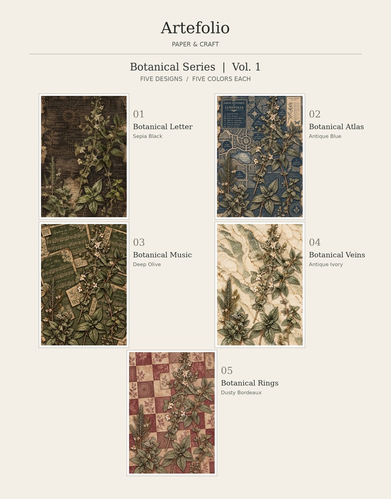 Botanical Series Vol.1｜アンティーク植物柄 デザインペーパー25枚セット【A4縦・PNG】