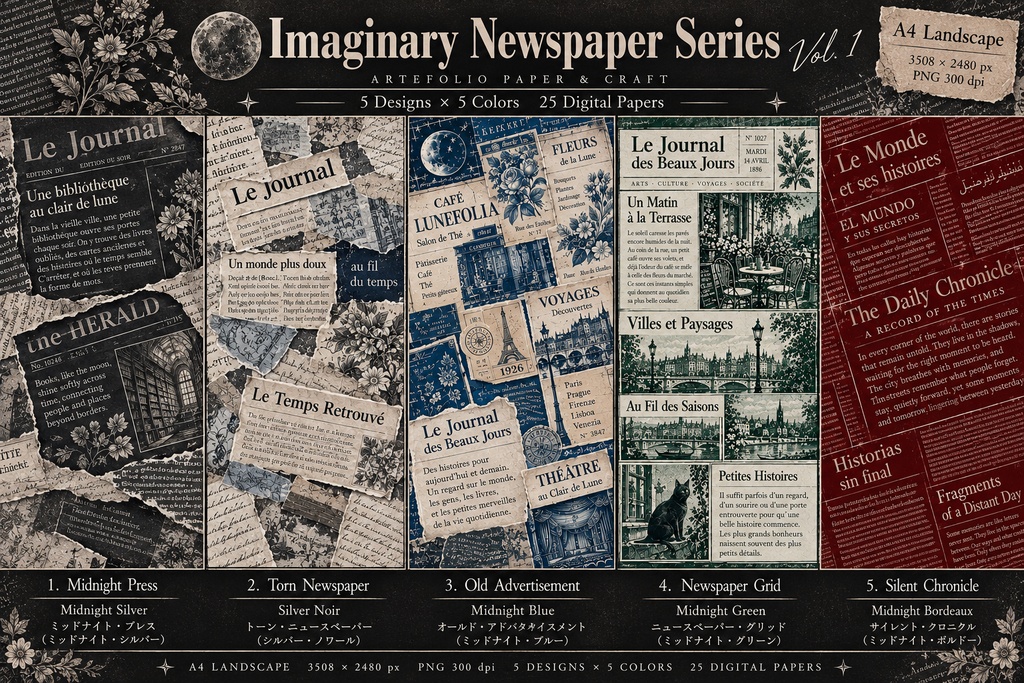 【デジタル素材】Imaginary Newspaper Vol.1|架空の新聞デザインペーパー25枚セット|A4横・コラージュ素材