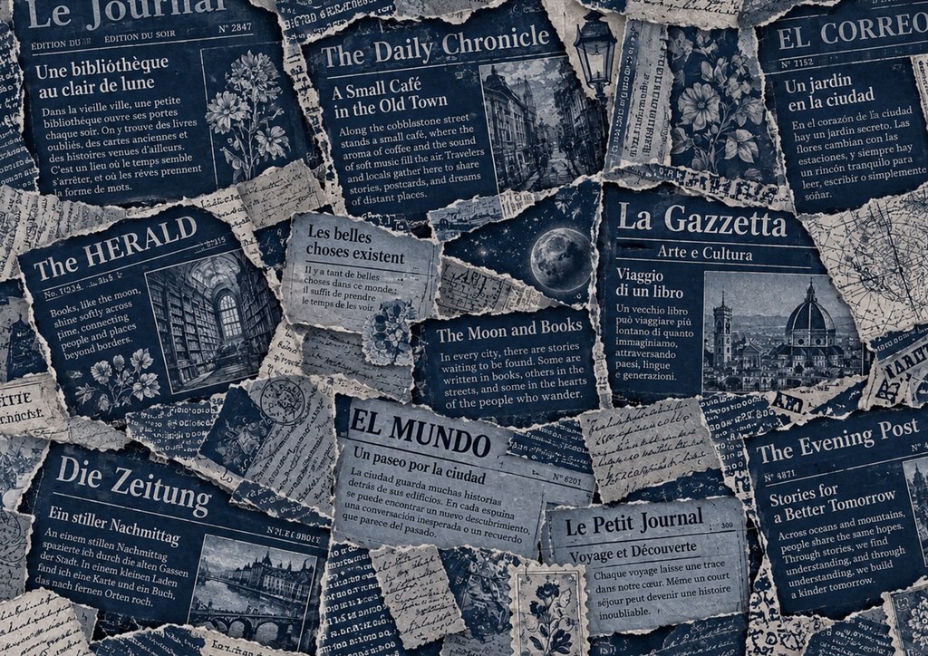 【デジタル素材】Imaginary Newspaper Vol.1|架空の新聞デザインペーパー25枚セット|A4横・コラージュ素材