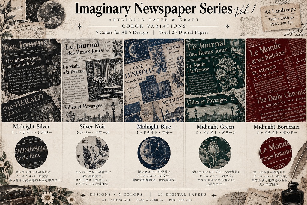 【デジタル素材】Imaginary Newspaper Vol.1|架空の新聞デザインペーパー25枚セット|A4横・コラージュ素材