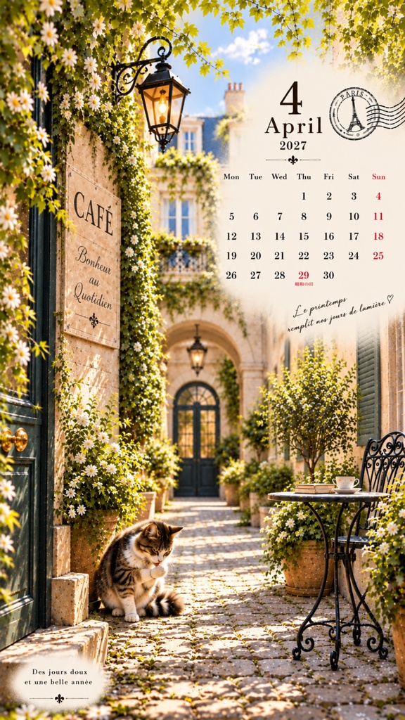 フランス風スマホ壁紙|デジタルカレンダー 2026年10月〜2027年12月|15ヶ月|猫