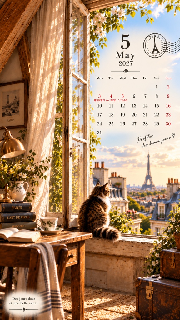 フランス風スマホ壁紙|デジタルカレンダー 2026年10月〜2027年12月|15ヶ月|猫