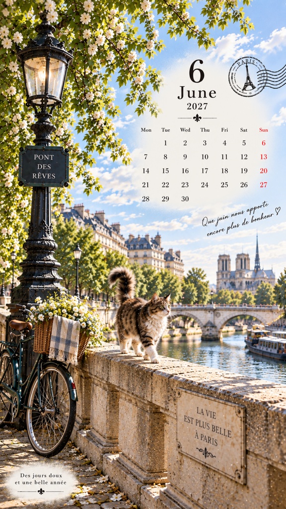 フランス風スマホ壁紙|デジタルカレンダー 2026年10月〜2027年12月|15ヶ月|猫