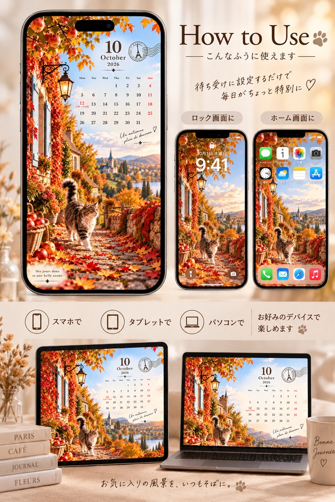 フランス風スマホ壁紙｜デジタルカレンダー 2026年10月〜2027年12月｜15ヶ月｜猫