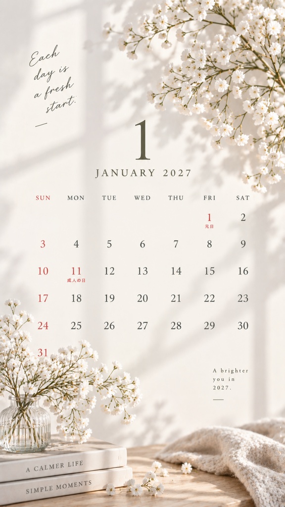 【スマホ用】2026年10月〜2027年12月 デジタルカレンダー|15か月|ナチュラル