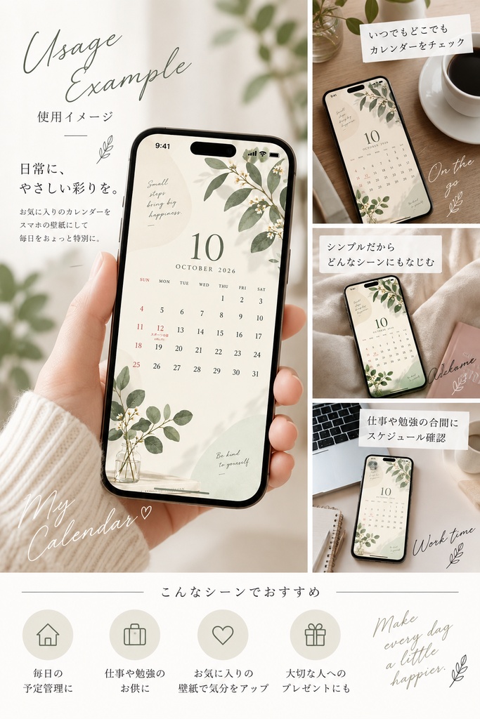 【スマホ用】2026年10月〜2027年12月 デジタルカレンダー｜15か月｜ナチュラル
