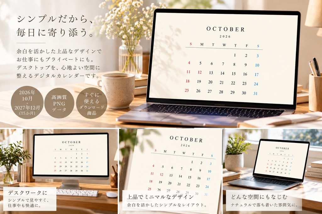 【PC用】2026年10月〜2027年12月 デジタルカレンダー|15か月|シンプル・ナチュラル