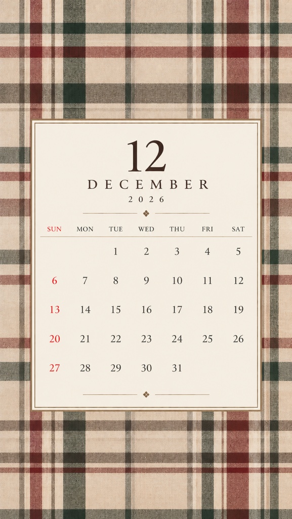 2026年10月〜2027年12月|スマホ用デジタルカレンダー|15か月|チェック柄