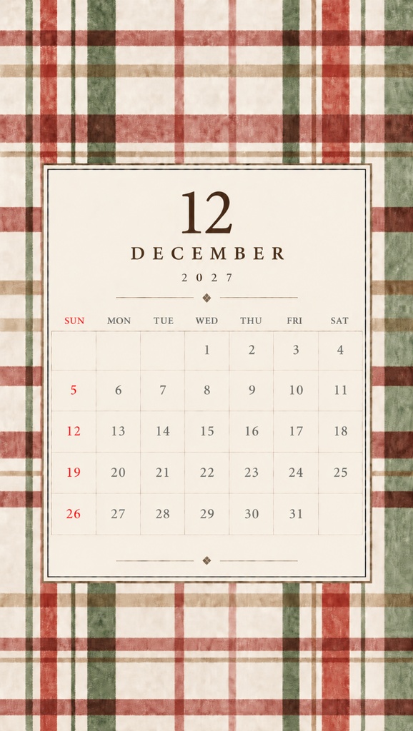 2026年10月〜2027年12月|スマホ用デジタルカレンダー|15か月|チェック柄