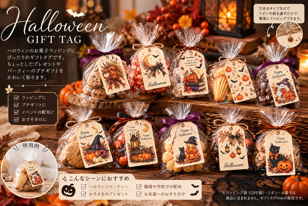 ハロウィン ギフトタグ 10種類セット|印刷用データ ZIP(PNG)・PDF|お菓子ラッピング・プチギフト