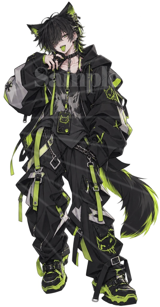 【立ち絵素材】黒猫獣人ストリート系男子|全身透過PNG