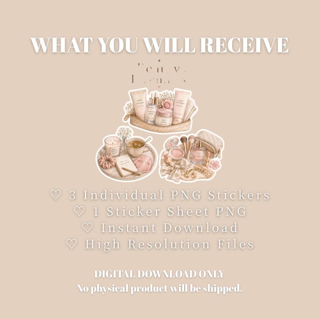 Beauty Essentials Stickers | Self Care PNG Set