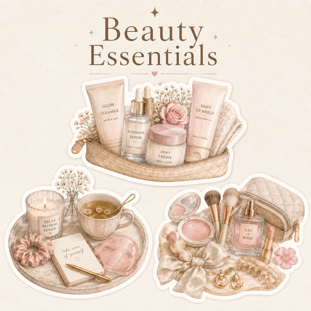 Beauty Essentials Stickers | Self Care PNG Set