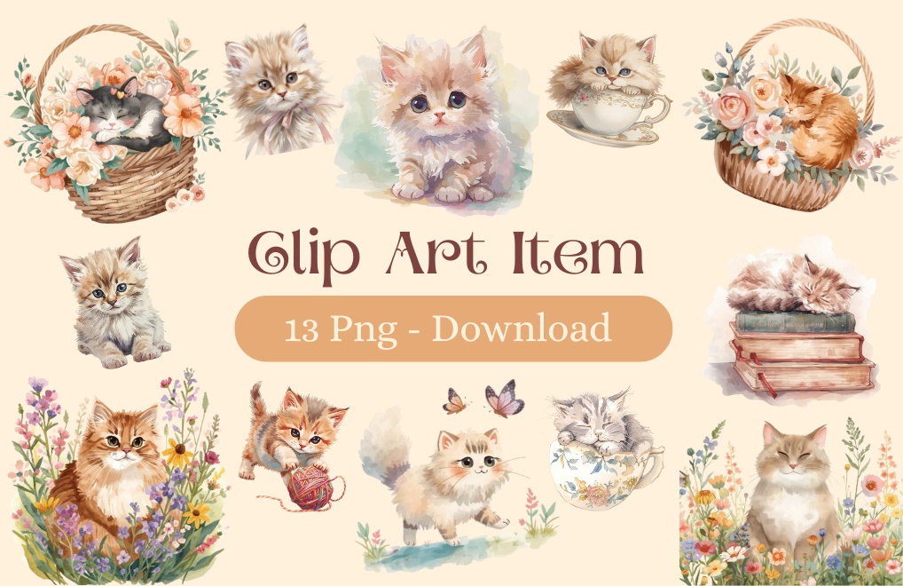 【動物シリーズ】猫の水彩アンティーク風クリップアート13点セット(png背景透過)