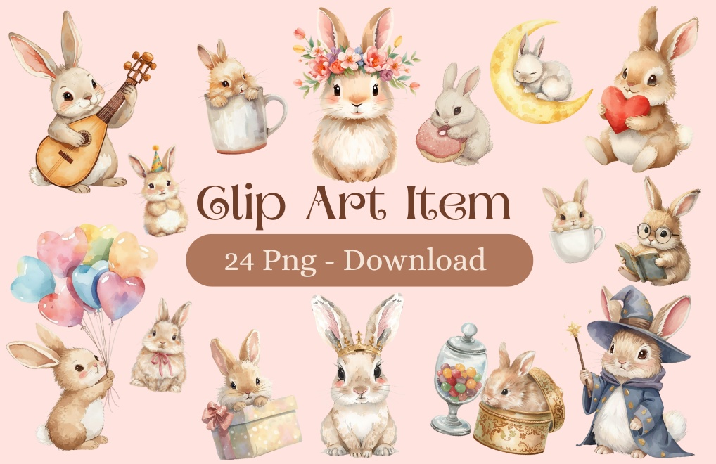 【動物シリーズ】かわいい水彩ウサギのクリップアートセット｜透過PNG 24点