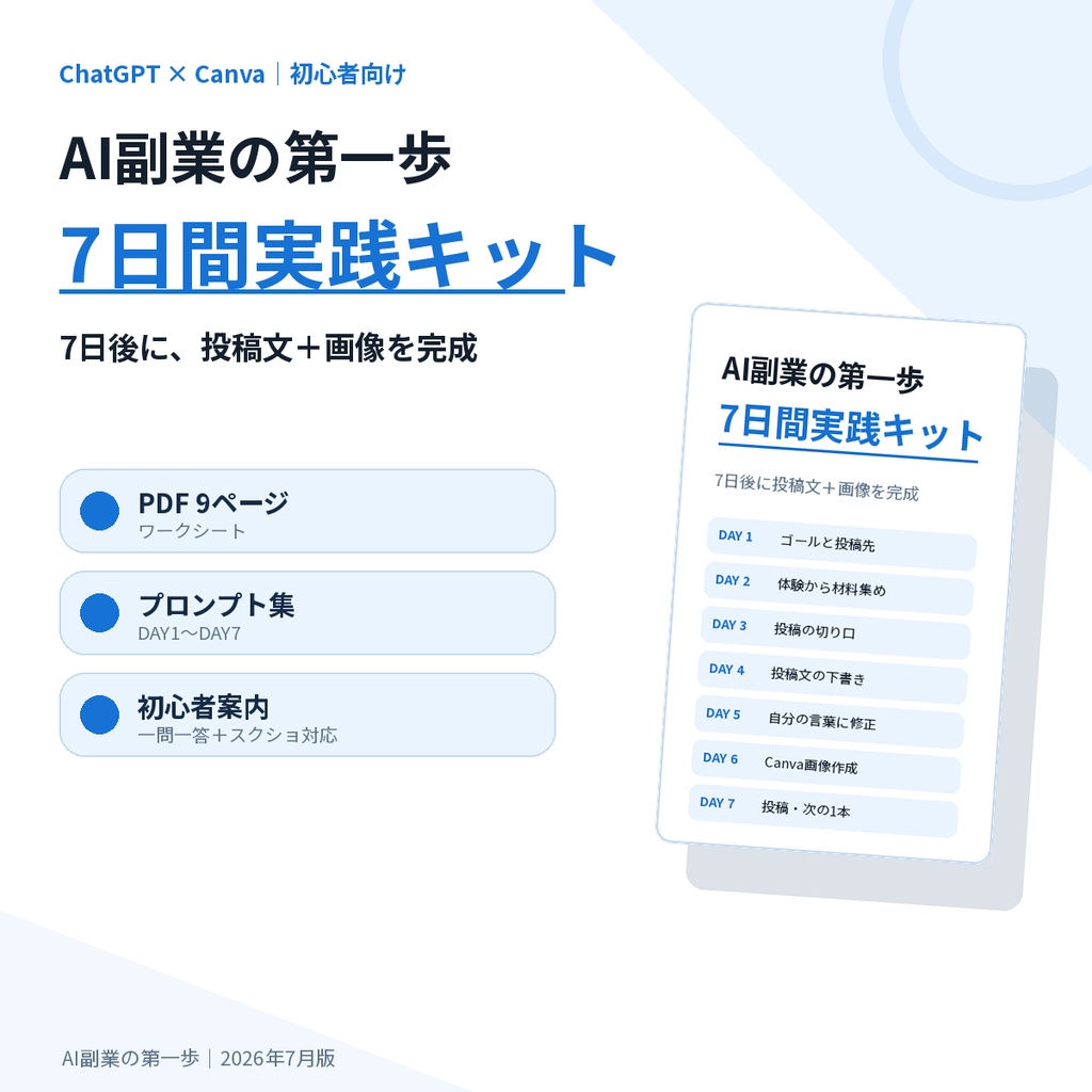 AI副業の第一歩｜ChatGPT×CanvaでSNS投稿を1本完成させる7日間実践キット