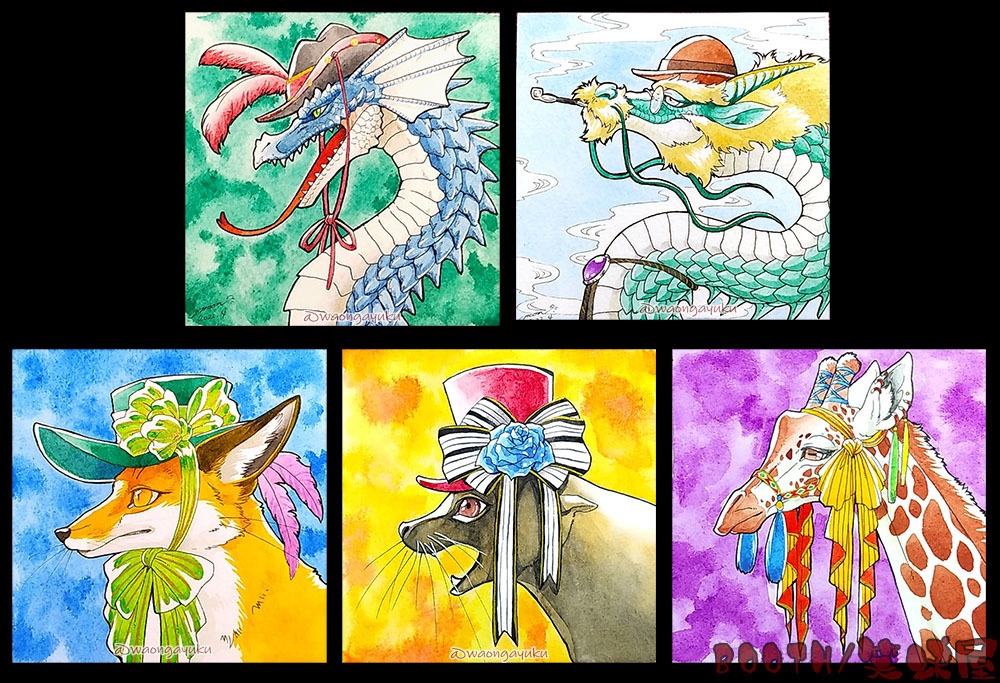 9cm正方形カラー原画 5種 5 kinds of 9cm Square watercolor paintings