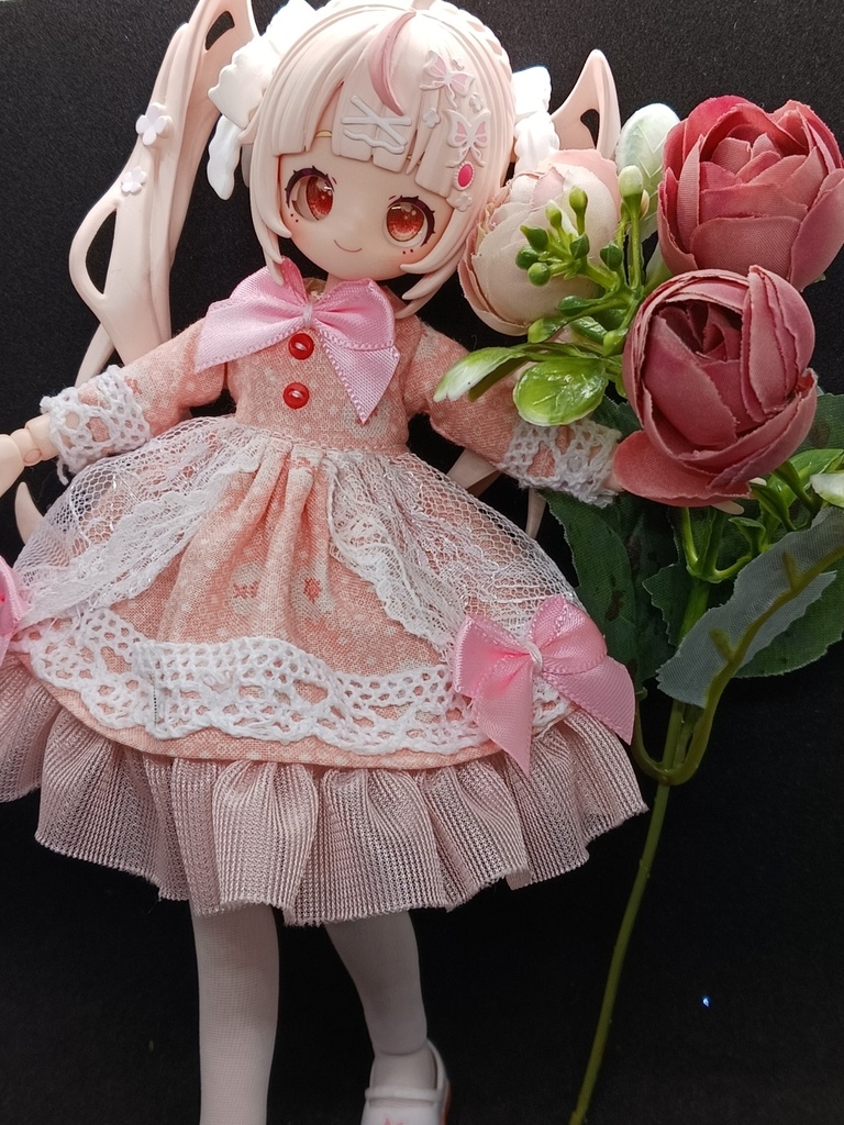 レース生地ふわりワンピース+ヘドレ(ピンク) ブラインドドール