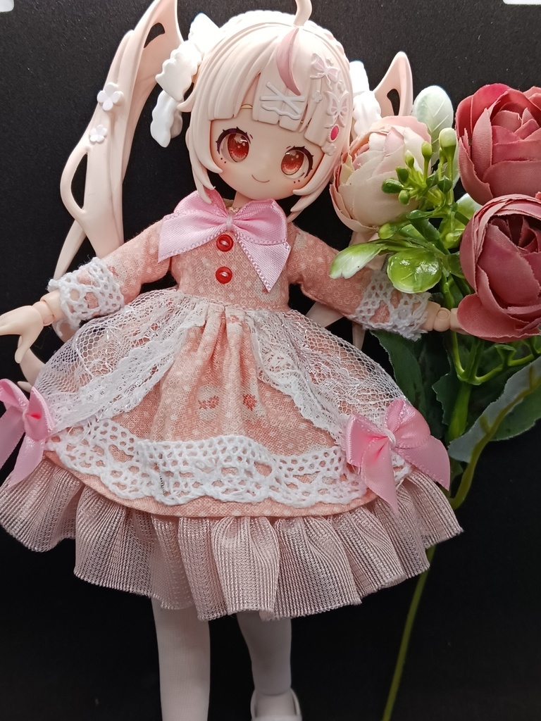 レース生地ふわりワンピース+ヘドレ(ピンク) ブラインドドール