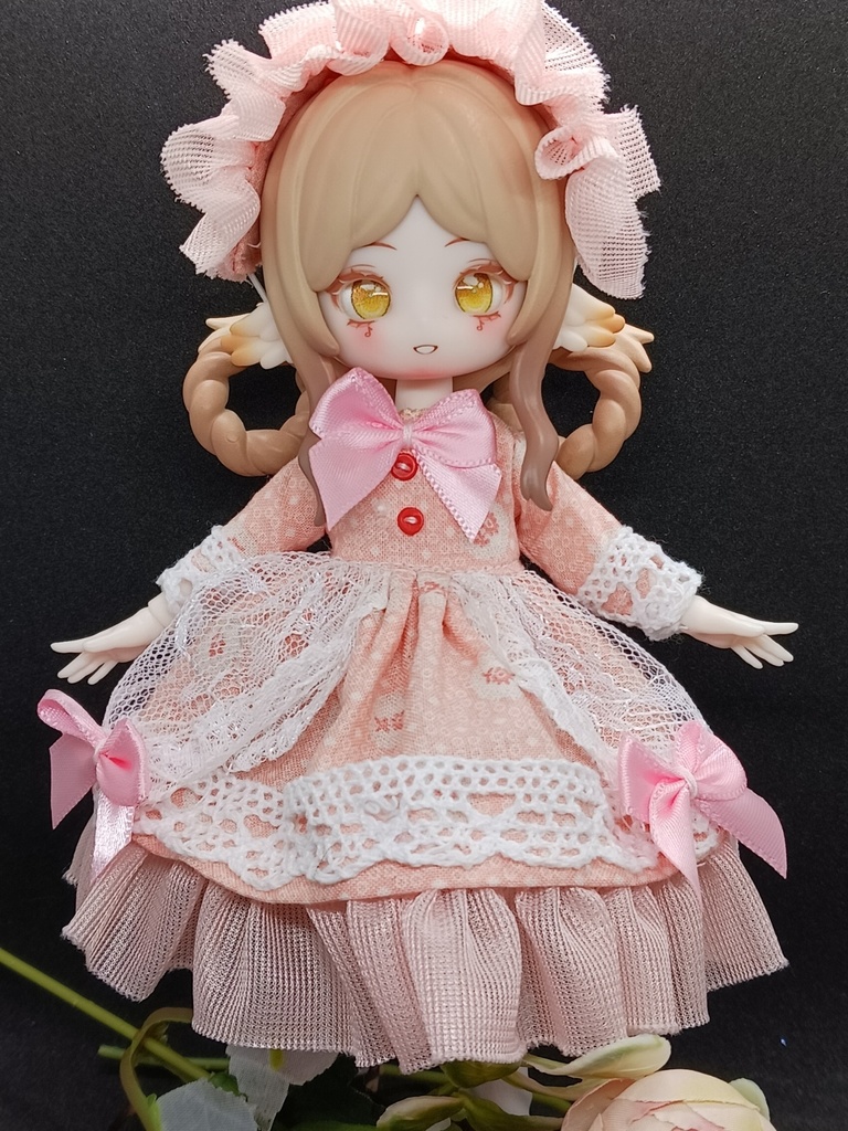 レース生地ふわりワンピース＋ヘドレ（ピンク）　ブラインドドール