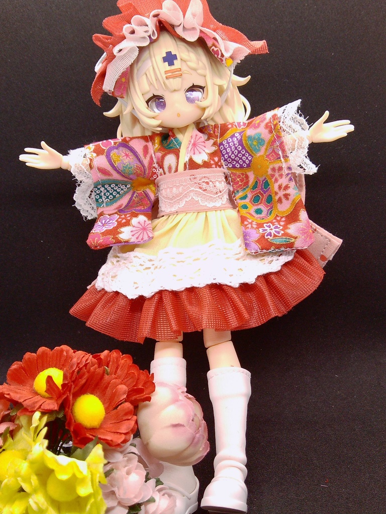 和装ワンピース&ヘドレ 赤 ブラインドドール 1/8サイズ