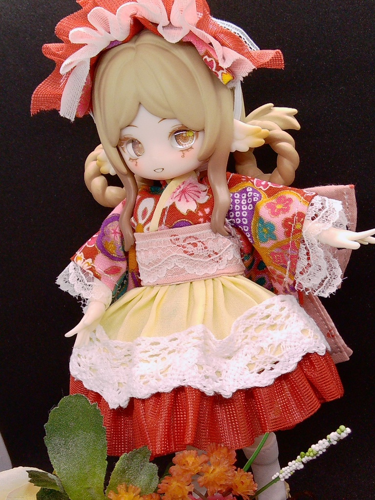 和装ワンピース&ヘドレ 赤 ブラインドドール 1/8サイズ