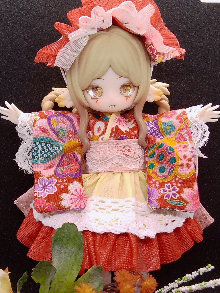 和装ワンピース&ヘドレ 赤 ブラインドドール 1/8サイズ