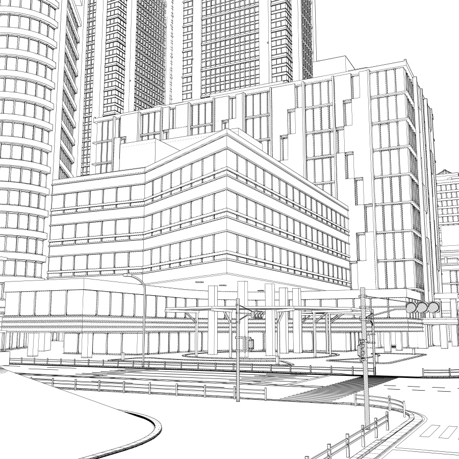 オフィス街交差点(モノクロ)