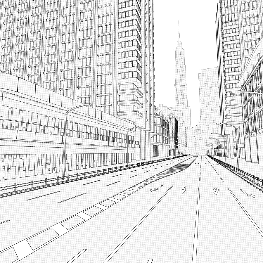 オフィス街交差点(モノクロ)