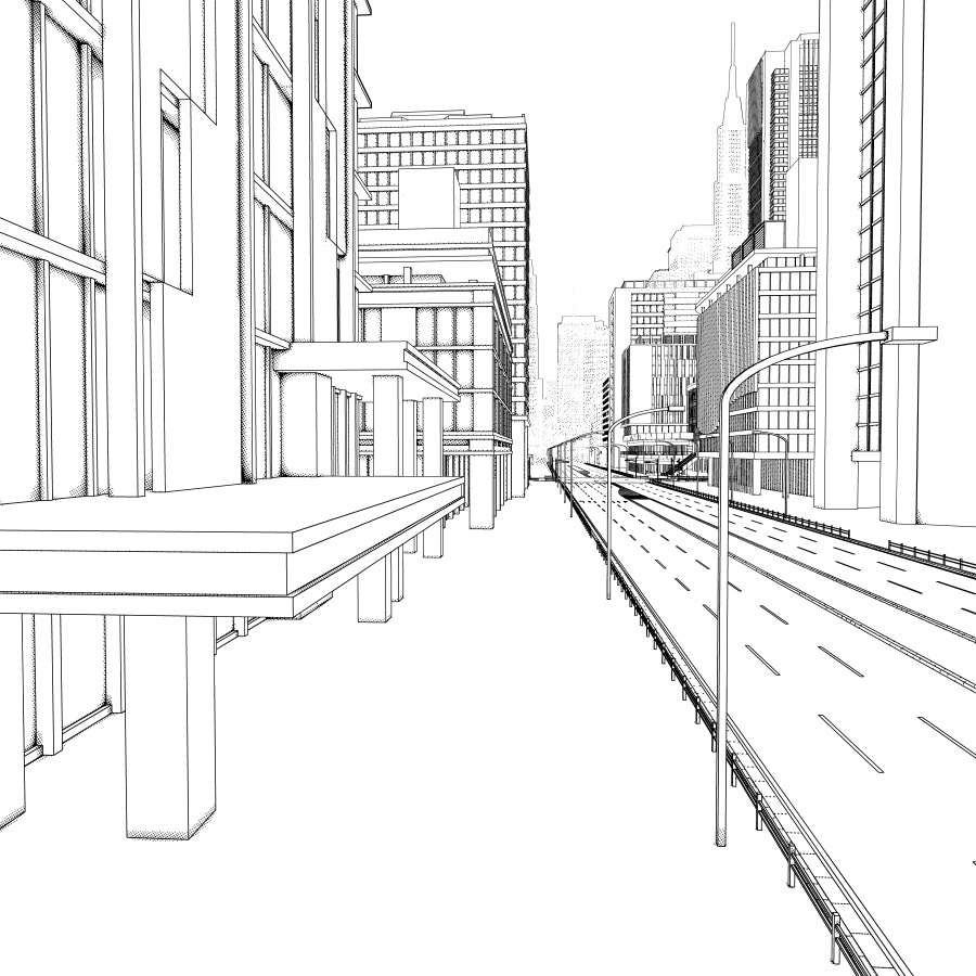 オフィス街交差点(モノクロ)