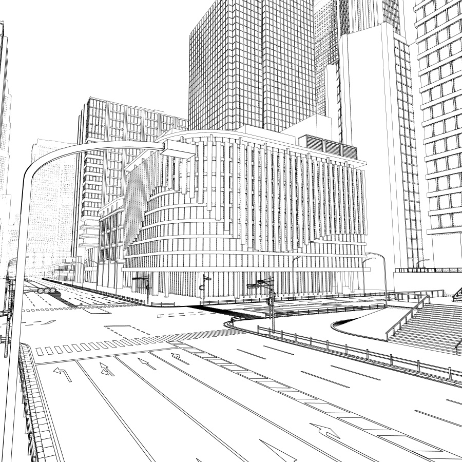 オフィス街交差点(モノクロ)