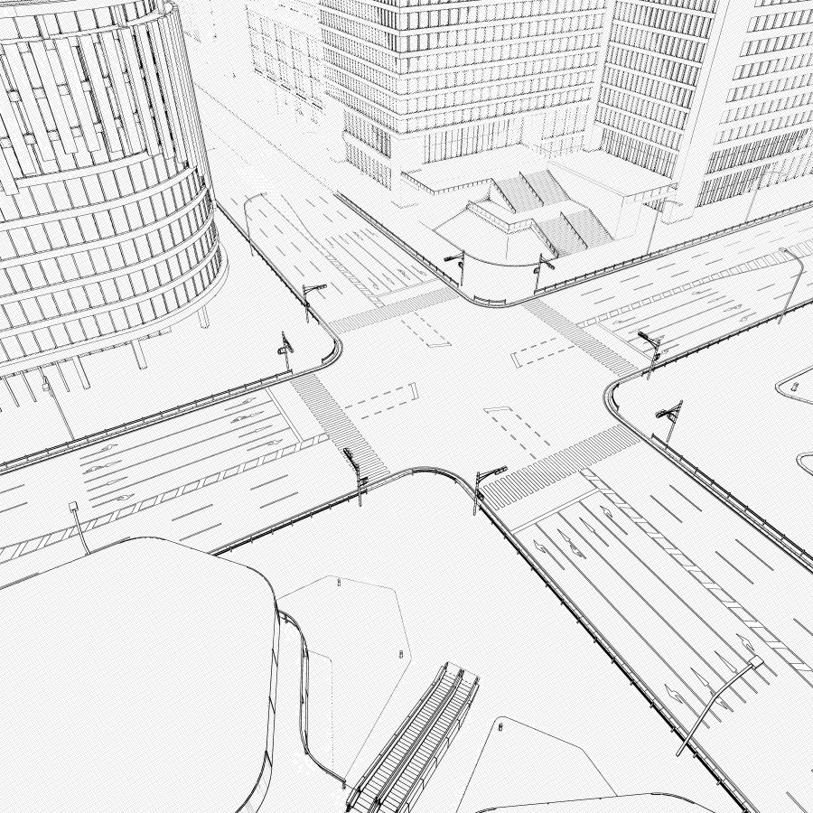 オフィス街交差点(モノクロ)