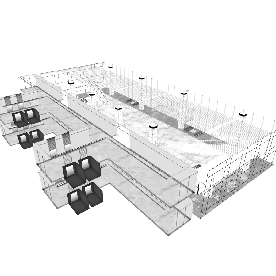 ラウンジとエレベーター(モノクロ)