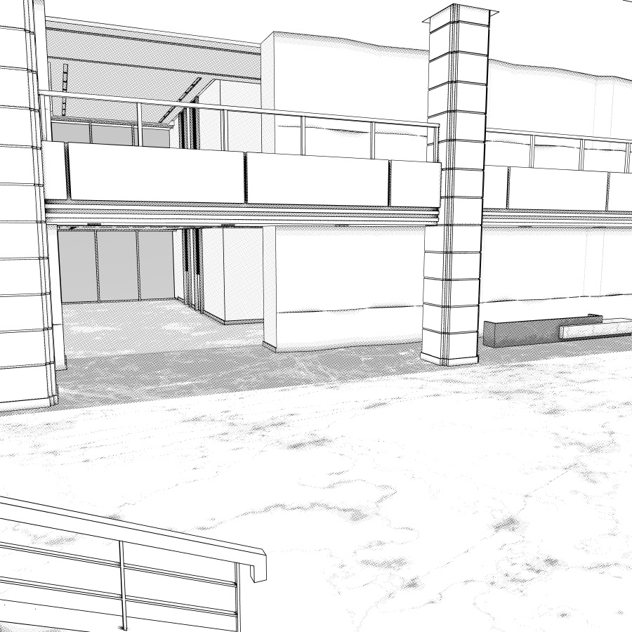 ラウンジとエレベーター(モノクロ)